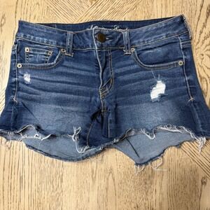 American Eagle Outfitters Women's‎ Size 4 Blue Super Stretch Denim Cutoff Shorts